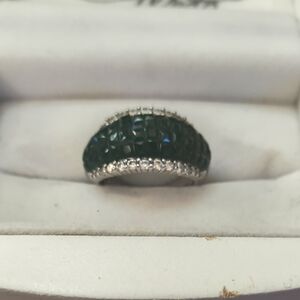 D-Joy 925 Sterling Silver Green & White Simulated Diamond Ring - Size 8